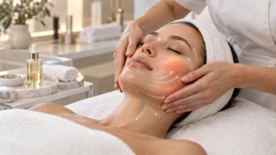 ماساژ صورت در فیشیال با حرکات ملایم رو به بالا
