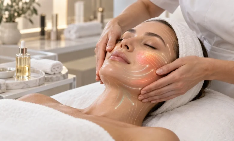 ماساژ صورت در فیشیال با حرکات ملایم رو به بالا