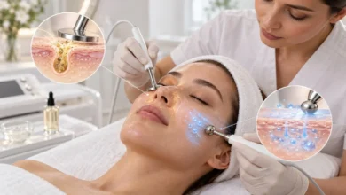 اجرای فیشیال گالوانیک روی صورت با نمایش شماتیک پاکسازی و انتقال مواد در پوست