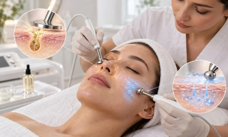 اجرای فیشیال گالوانیک روی صورت با نمایش شماتیک پاکسازی و انتقال مواد در پوست
